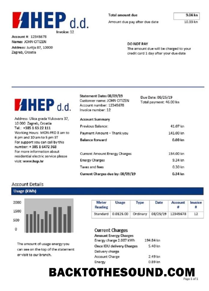 İndir Hırvatistan Hrvatska Elektroprivreda Elektrik Fatura Fatura Örnek şablon