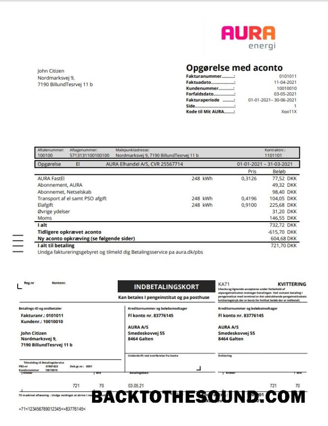 İndir Danimarka AURA Energi Fatura Fatura in Word and PDF Format Örnek tasarım
