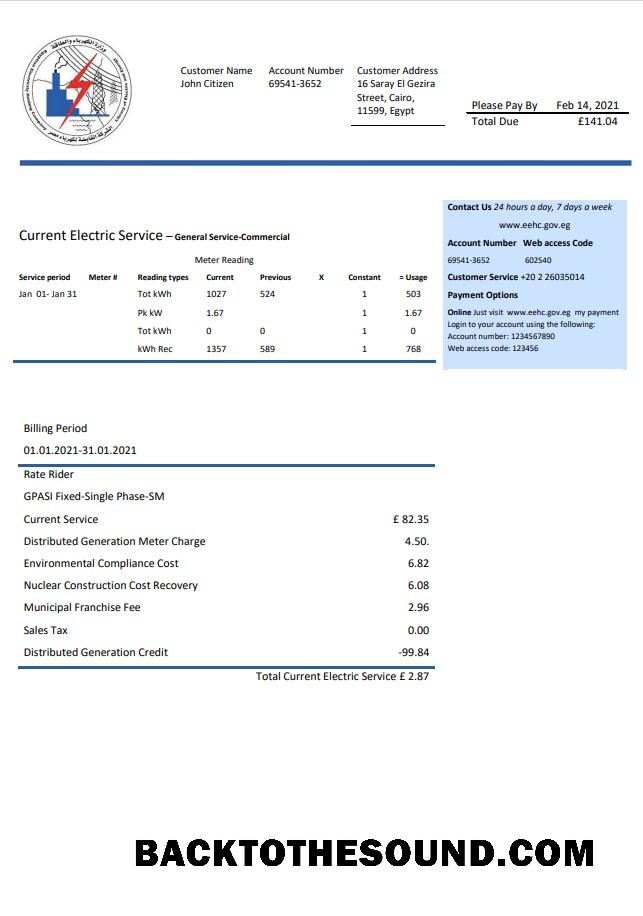 İndir Mısır Egyptian Elektrik Fatura Fatura in Word and PDF Format Örnek ön izleme