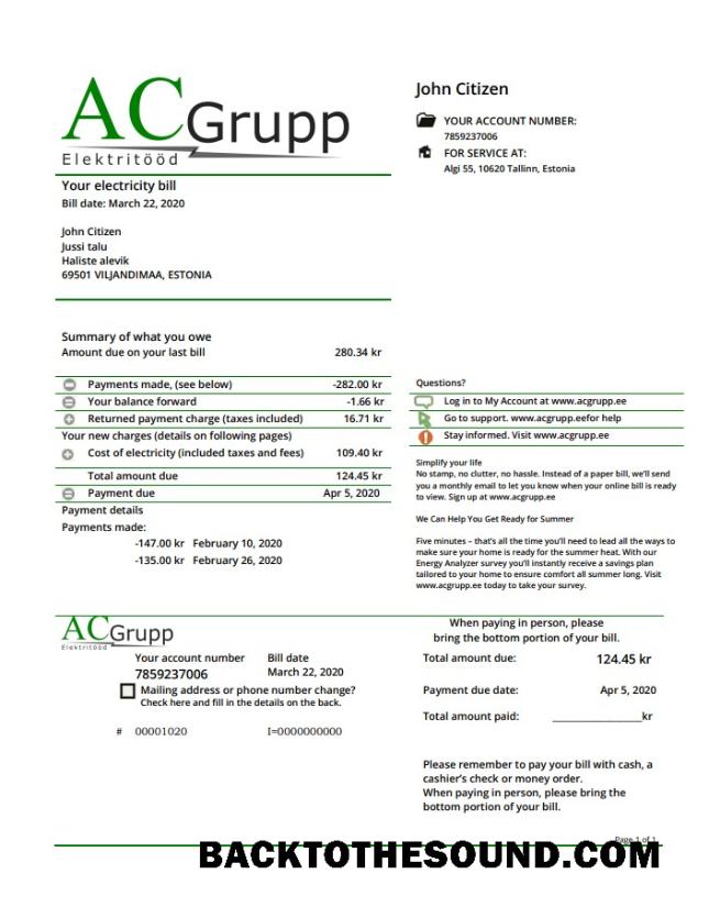 İndir Estonya AC Grupp OÜ Elektrik Fatura Fatura in Word and PDF Format Örnek tasarım