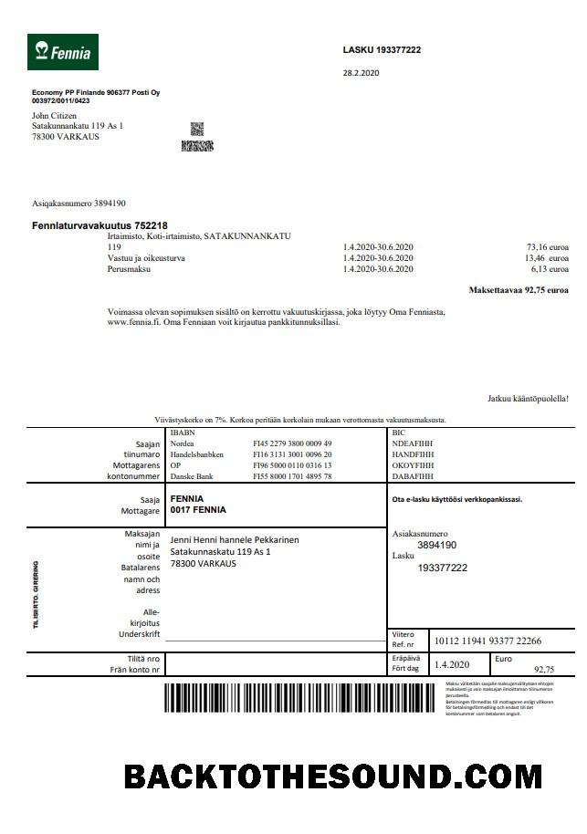 İndir Finlandiya Fennia Sigorta Şirket Fatura in Word and PDF Format Örnek tasarım