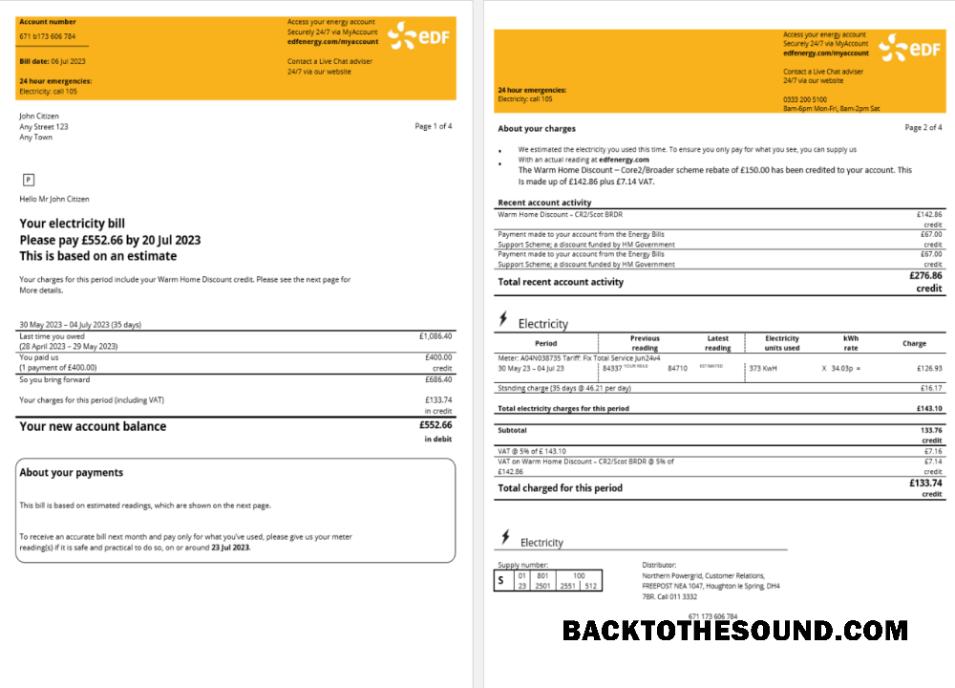 Yüksek Kalite İndir Fransa EDF Energy Fatura Fatura Word and PDF Şablon, 4 pages 1 2 Örnek