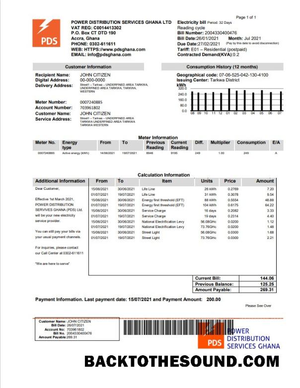 İndir Gana PDS Elektrik Fatura Fatura Örnek şablon