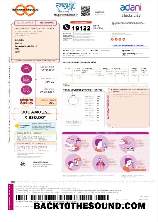İndir Hindistan ADANI Elektrik Fatura Fatura Word and PDF Örnek şablon