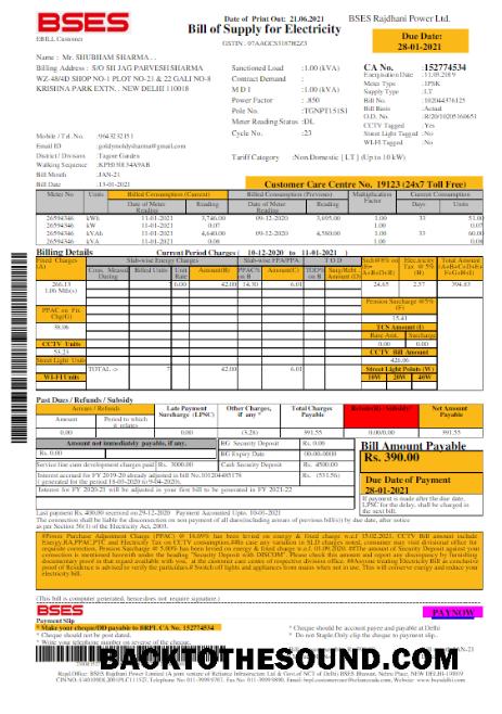 İndir Hindistan BSES Elektrik Fatura Fatura Word and PDF Örnek taslak