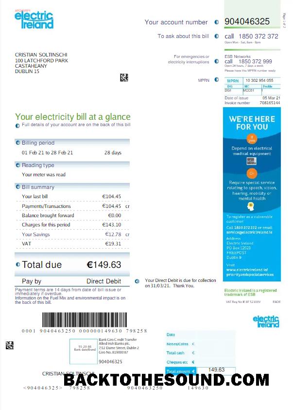 İndir İrlanda ELECTRIC İrlanda Fatura Fatura Word and PDF Örnek örnek