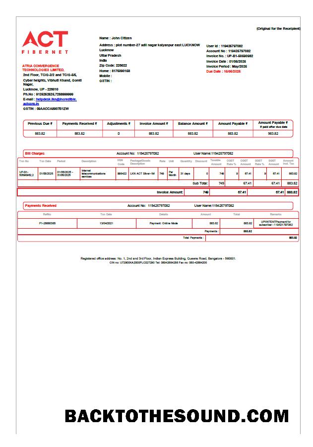 İndir Hindistan ACT Fibernet Fatura Fatura in Word and PDF Formatlar Örnek örnek