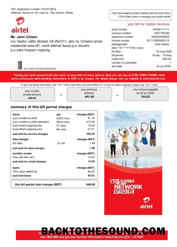 İndir Hindistan Airtel telecommunication services Fatura Fatura Örnek tasarım