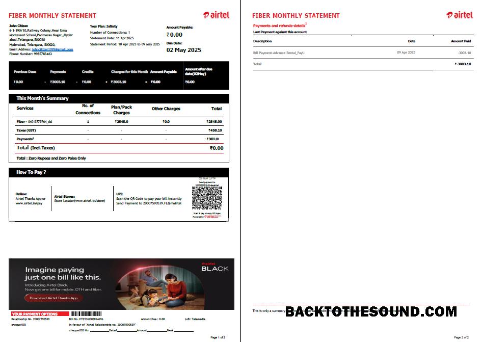İndir Hindistan Airtel Fatura Fatura in Word and PDF Formatlar, 2 pages, Sürüm 4 Örnek örnek