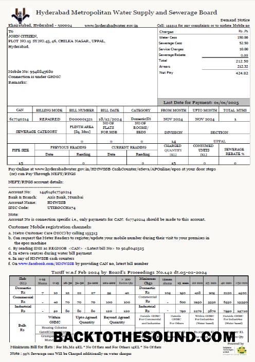İndir Hindistan Hyderabad Metropolitan Su Supply and Sewerage Board Fatura Fatura in Word and PDF Formatlar Örnek örnek