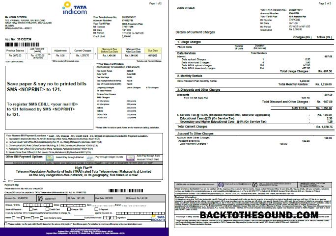 İndir Hindistan Tata Indicom Fatura Fatura in Word and PDF Formatlar, 2 pages Örnek taslak