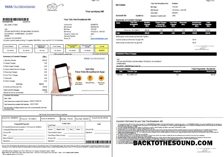 İndir Hindistan Tata Tele Broadband Fatura Fatura in Word and PDF Formatlar, 2 pages Örnek tasarım