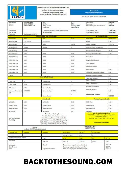 İndir Hindistan Uttar Haryana Bijli Vitran Nigam Limited electrecity Fatura Fatura Word and PDF Formatlar Örnek tasarım