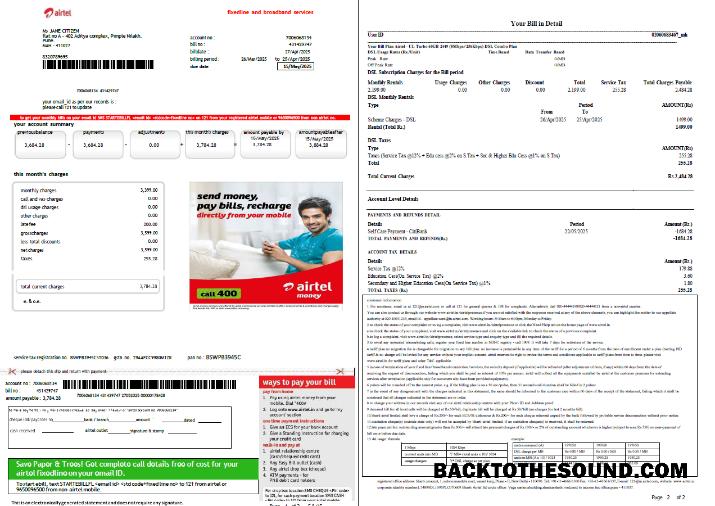 İndir Hindistan airtel Fatura Fatura in Word and PDF Formatlar, 2 pages, Sürüm 2 Örnek taslak