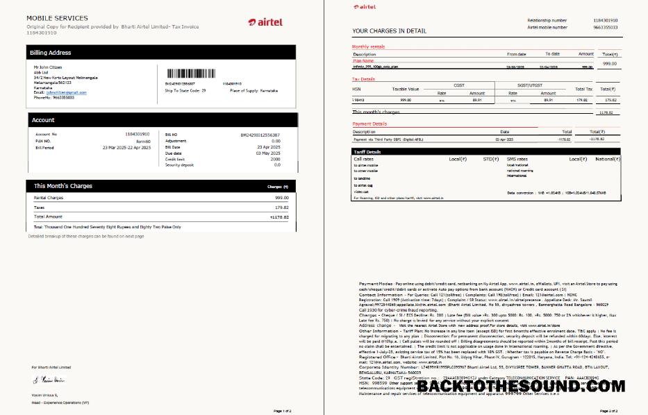 İndir Hindistan airtel Fatura Fatura in Word and PDF Formatlar, 2 pages, Sürüm 3 Örnek ön izleme
