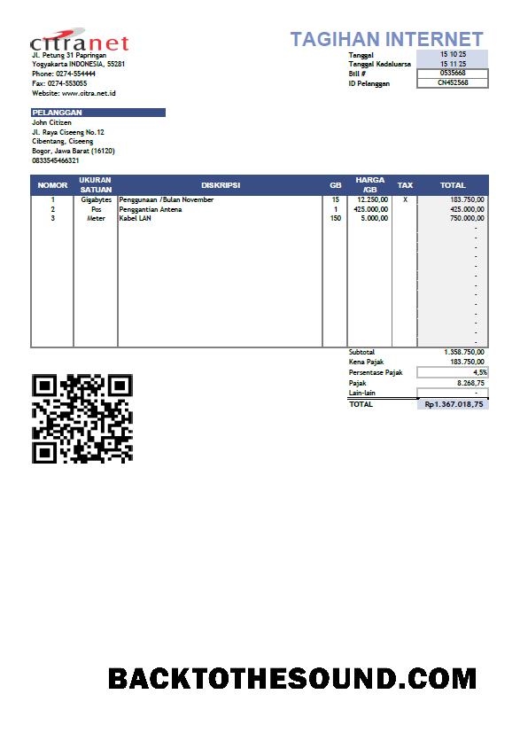 İndir Endonezya Citranet Fatura Fatura in Word and PDF Formatlar Örnek örnek