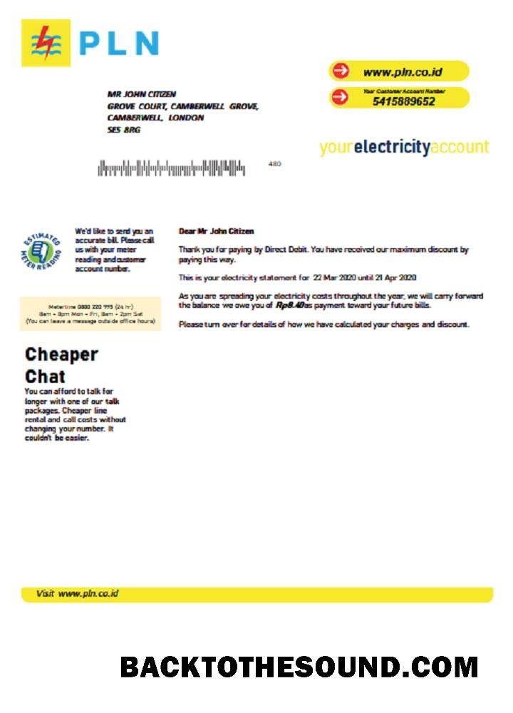 İndir Endonezya PLN Elektrik Fatura Fatura in Word and PDF Format Örnek ön izleme