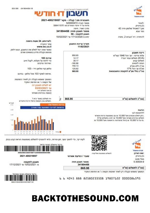 İndir İsrail Electric Corporation Fatura Fatura in Word and PDF Format (.doc and .PDF) in Hebrew Örnek ön izleme