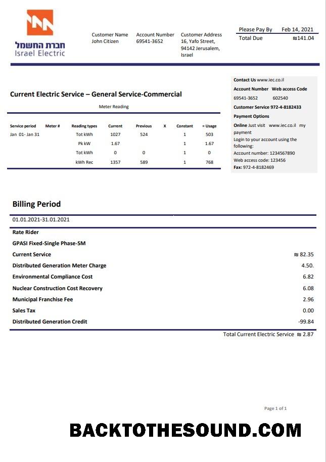 İndir İsrail Electric Corporation Fatura Fatura in Word and PDF Format (.doc and .PDF) Örnek tasarım