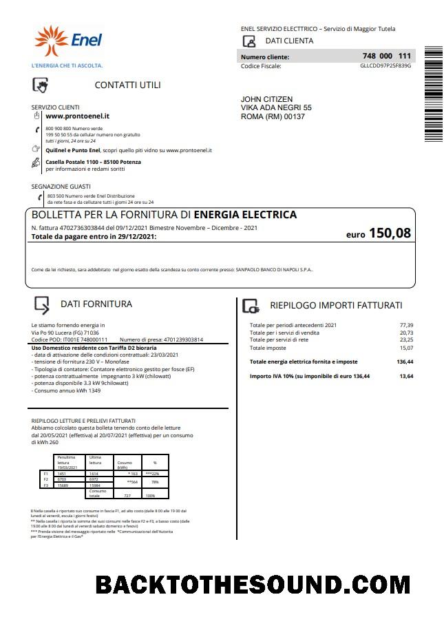 İndir İtalya Enel Elektrik Fatura Fatura in Word and PDF Format Örnek örnek
