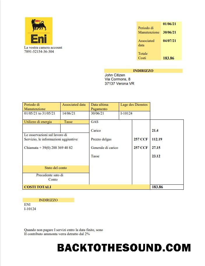 İndir İtalya Gaz Fatura Fatura in .doc and .PDF Format, fully Düzenlenebilir Örnek taslak