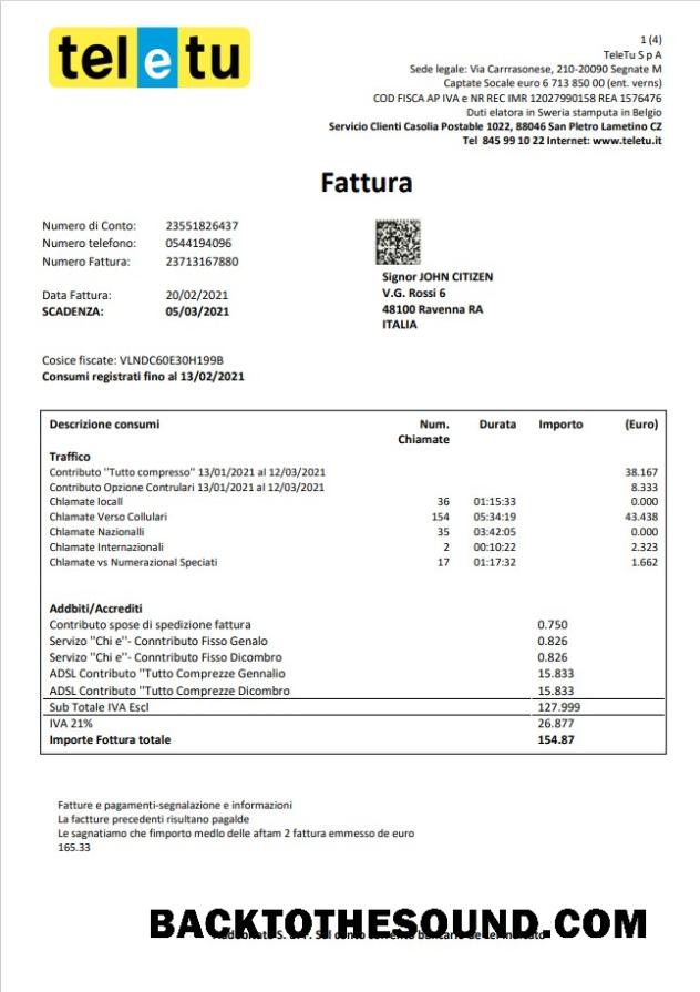 İndir İtalya TeleTu Fatura Fatura in Word and PDF Format Örnek taslak