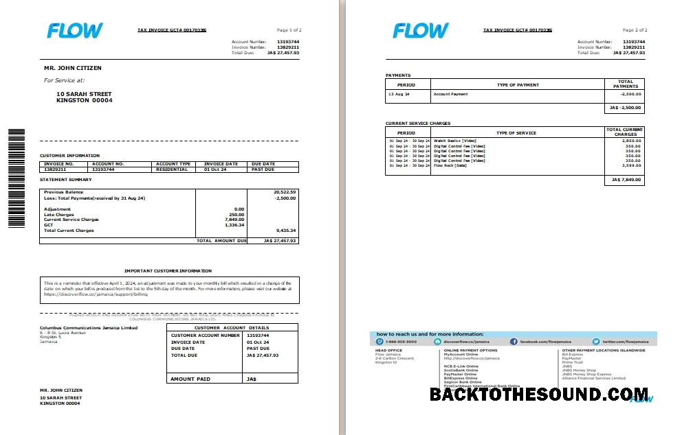 Düzenlenebilir İndir Jamaika Flow Vergi Fatura cable and internet Fatura Word and PDF Şablon, 2 pages SCR Örnek