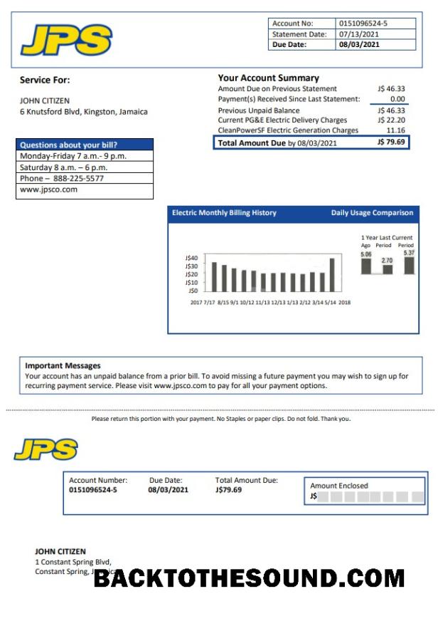 İndir Jamaika Public Hizmet (JPS) Elektrik Fatura Fatura in Word and PDF Format Örnek ön izleme