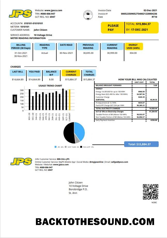 İndir Jamaika Public Hizmet Şirket Limited (JPS) Elektrik Fatura Fatura in Word and PDF Format Örnek ön izleme