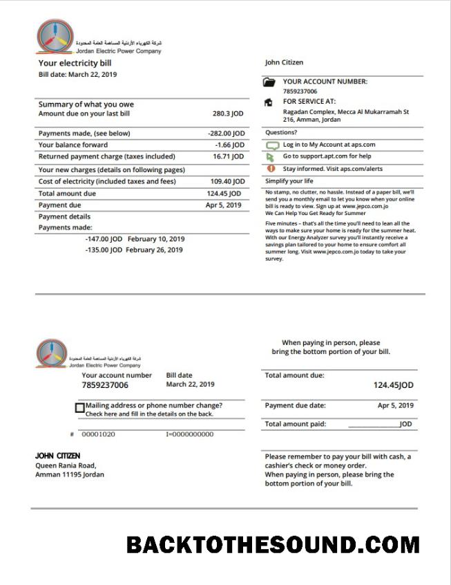İndir Ürdün Jordanian Electric Power Co JEPCO Elektrik Fatura Fatura in Word and PDF Format Örnek tasarım