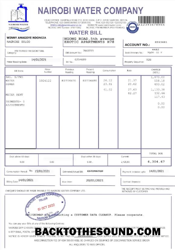 İndir Kenya NAIROBI Su Fatura Fatura Word and PDF Örnek taslak