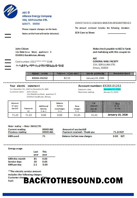 İndir Kazakistan Alliance Energy Şirket (AEC) Fatura Fatura scr Örnek şablon