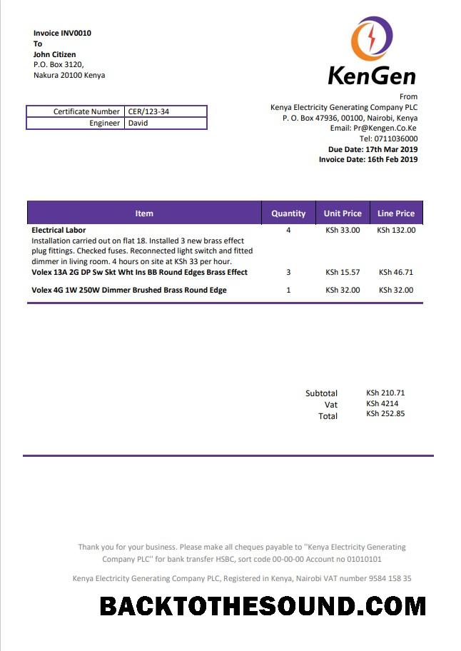 İndir Kenya KenGen Elektrik Generating Şirket Fatura Fatura in Word and PDF Format Örnek taslak