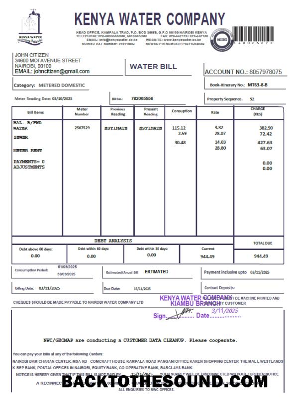 İndir Kenya Kenya Su Şirket Fatura Fatura in Word and PDF Formatlar Örnek tasarım