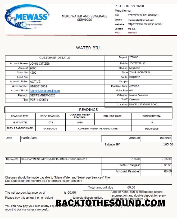 İndir Kenya Meru Su and Sewerage Services Fatura Fatura in Word and PDF Formatlar Örnek örnek