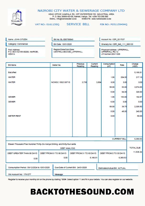 İndir Kenya Nairobi City Su and Sewerage Şirket Fatura Fatura in Word and PDF Formatlar Örnek tasarım