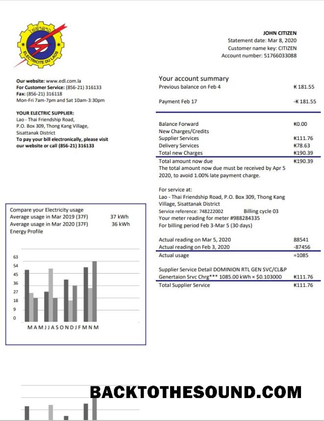 İndir Laos Electricite du Laos Elektrik Fatura Fatura in Word and PDF Format Örnek şablon