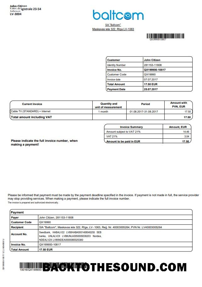 İndir Letonya Baltcom telecommunications Fatura Fatura in Word and PDF Format (English Sürüm) Örnek taslak