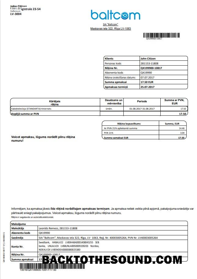 İndir Letonya Baltcom telecommunications Fatura Fatura in Word and PDF Format (Latvian Sürüm) Örnek şablon