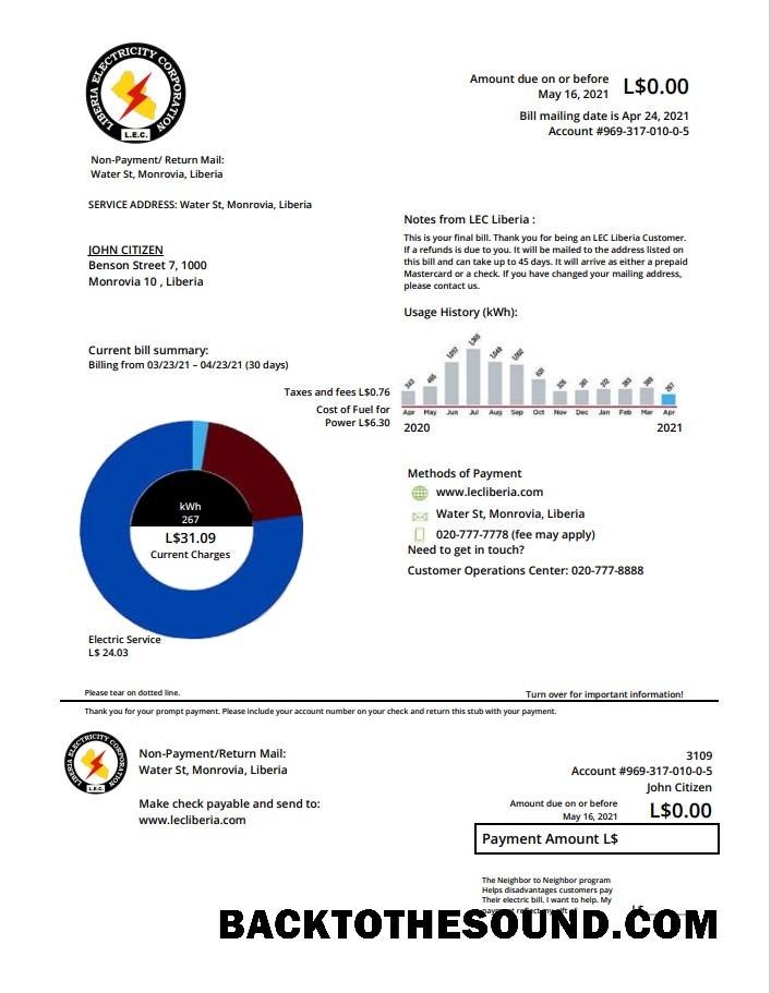 İndir Liberya Elektrik Corporation Fatura Fatura in Word and PDF Format Örnek taslak