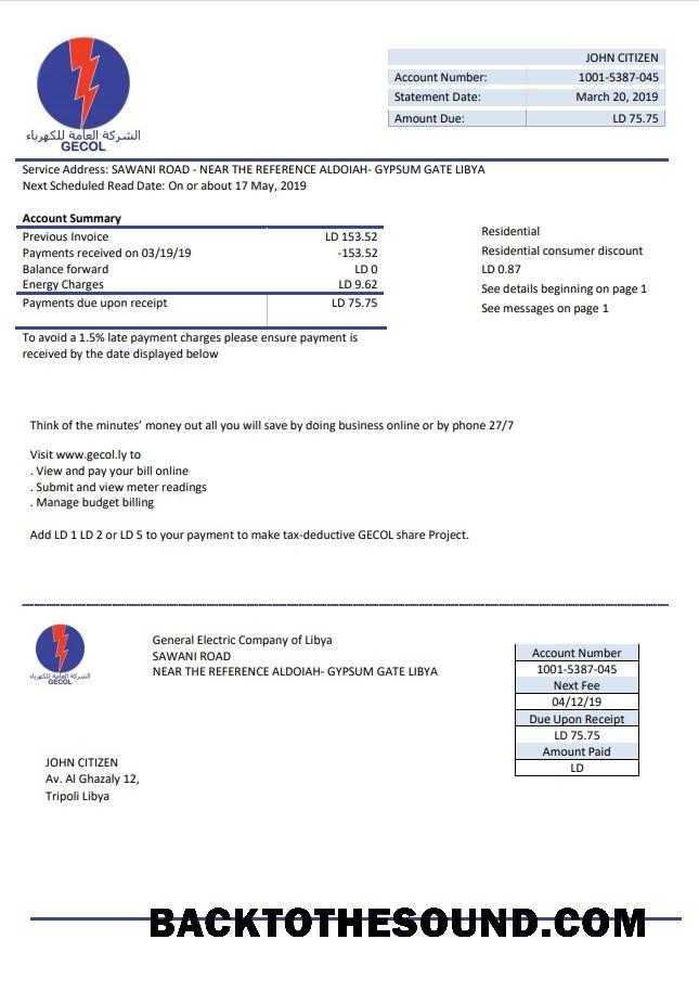 İndir Libya General Electric Şirket Elektrik Fatura Fatura in Word and PDF Format Örnek şablon