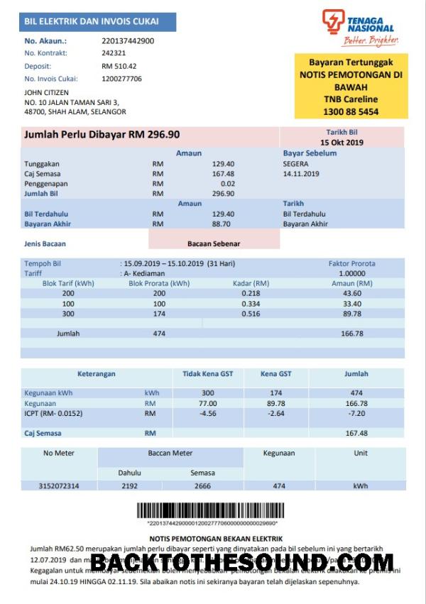İndir Malezya Tenaga Nasional Elektrik Fatura Fatura in Word and PDF Format Örnek ön izleme