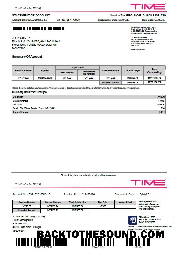İndir Malezya Time Fatura Fatura in Word and PDF Formatlar Örnek ön izleme