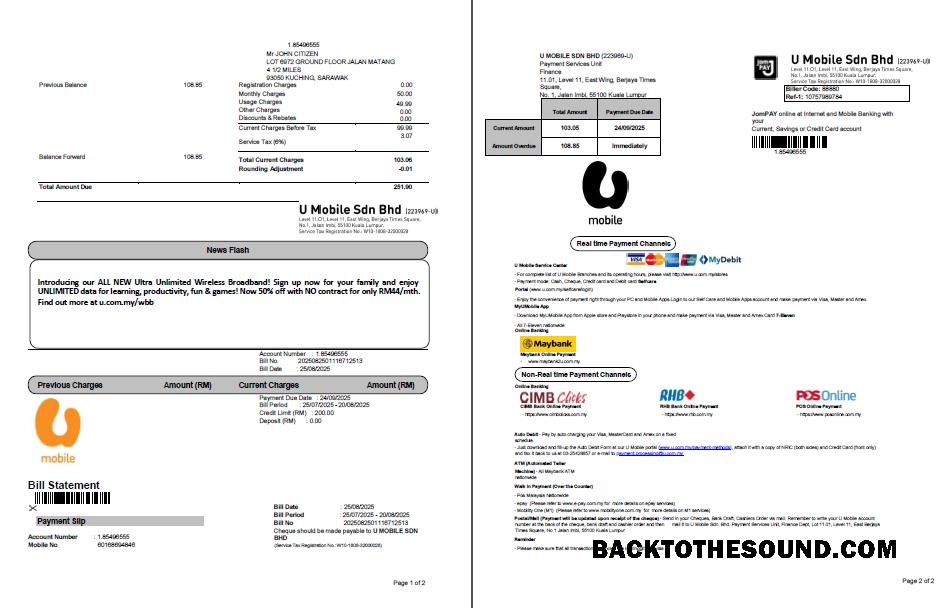İndir Malezya U Mobile Fatura Fatura in Word and PDF Formatlar, 2 pages Örnek ön izleme