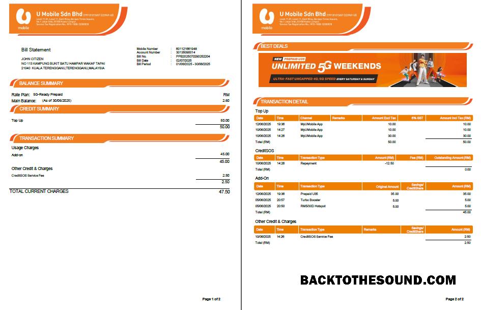İndir Malezya U Mobile Fatura Fatura in Word and PDF Formatlar, 2 pages, Sürüm 2 Örnek tasarım