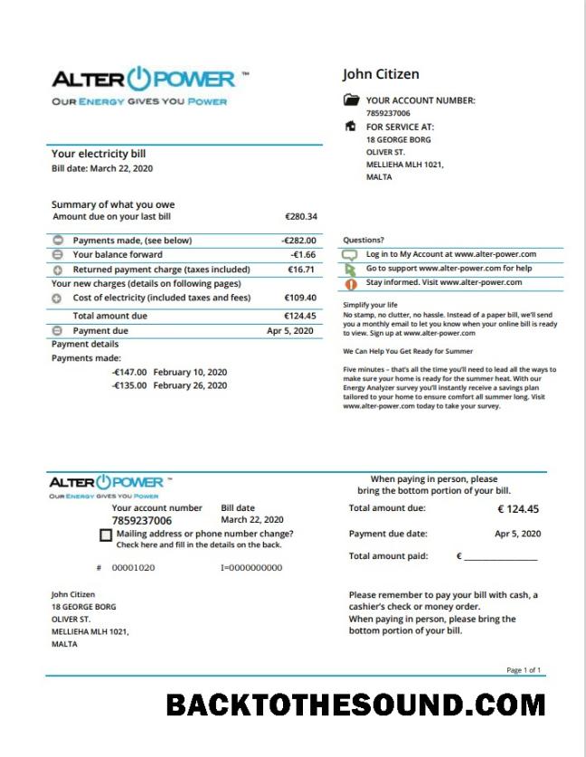 İndir Malta AlterPower Malta proof of address Fatura Fatura in Word and PDF Format Örnek şablon