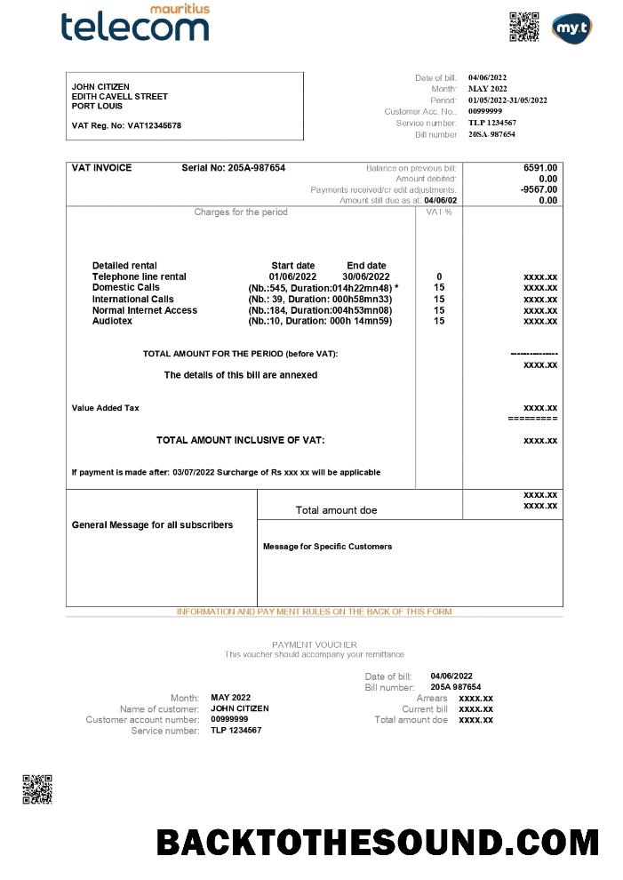 İndir Mauritius Telecom Mauritius Fatura Fatura in Word and PDF Format Örnek tasarım