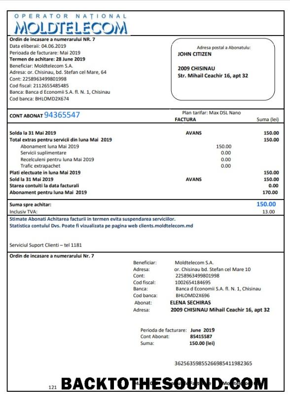 İndir Moldova Moldtelecom Fatura Fatura in Word and PDF Format, fully Düzenlenebilir Örnek örnek