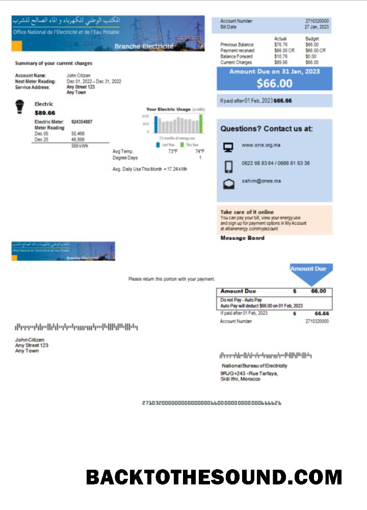 İndir Fas ulusal Bureau of Elektrik Fatura Fatura Word and PDF Örnek tasarım