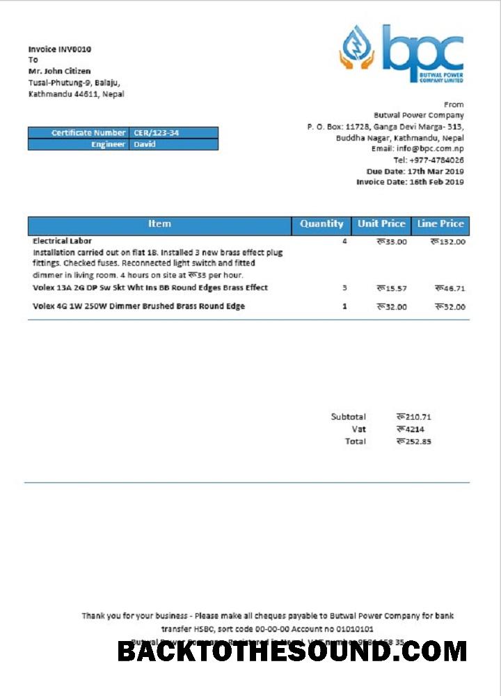 İndir Nepal Butwal Power Şirket Limited Elektrik Fatura Fatura in Word and PDF Format Örnek şablon